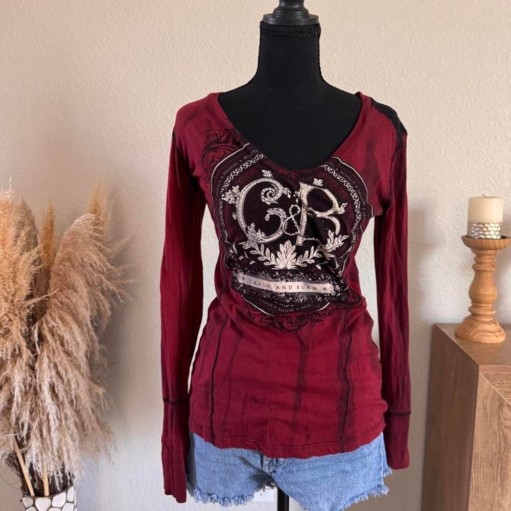 Crash and Burn Y2K Rhinestone Graphic Long Sleeve Shirt Lace Back Burgundy Small
